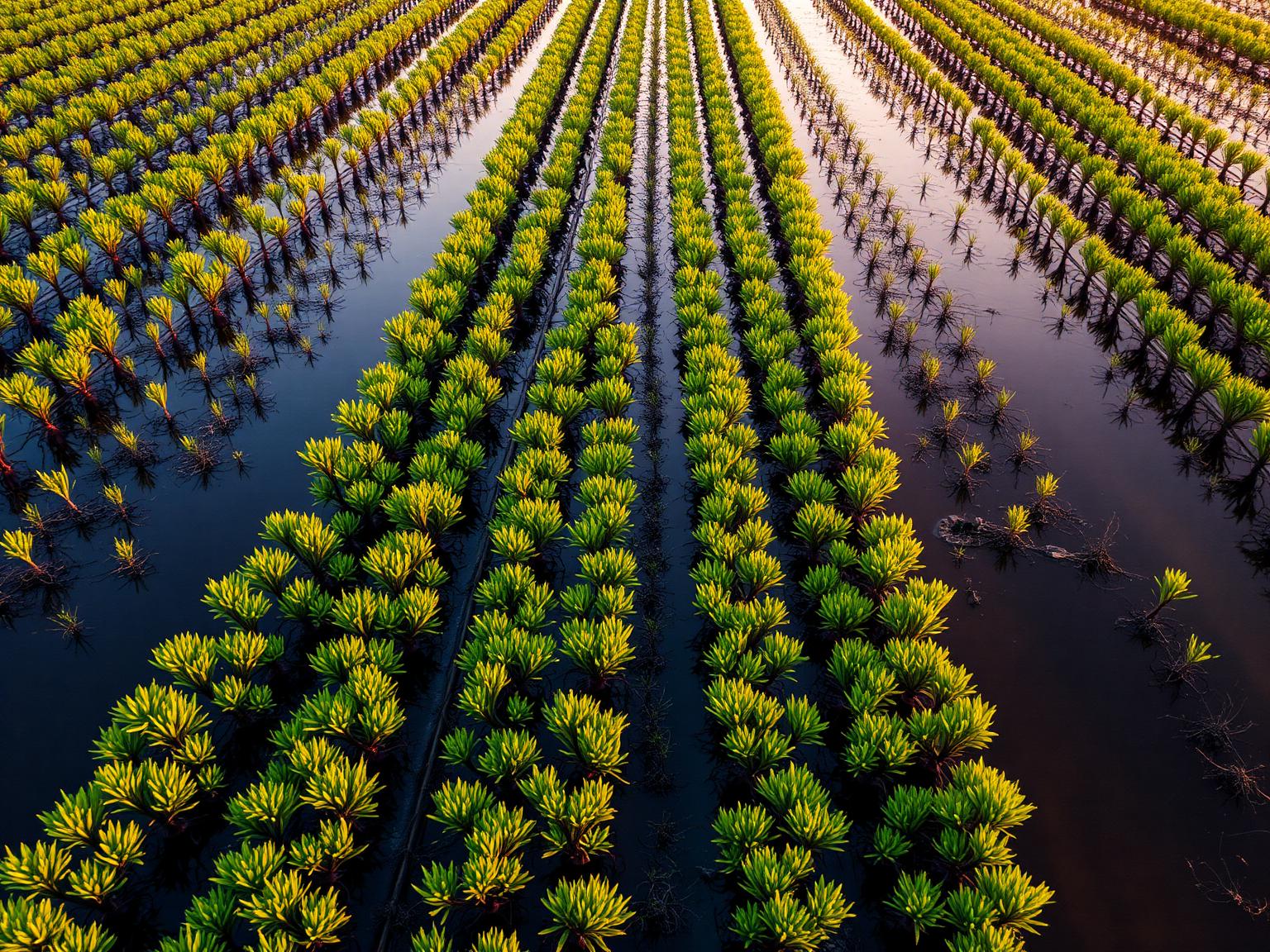 Aerial view of a restoration plantation with rows of young trees